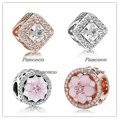 925 Sterling Silver Bead Rose Gold Square Crystal Beads Fit Pandora Charm Bracelets & Necklace Women Diy Jewelry