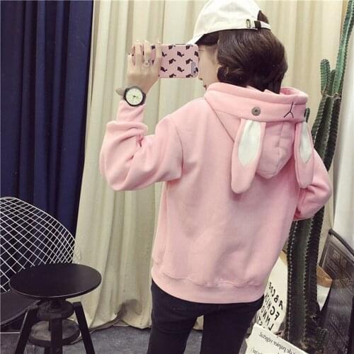 Kawaii Bunny Ear Hoodie Women Long Sleeve Hooded Sweatshirts Pink Autumn Winter Girl Hoody Tops Pullovers Plus Size Tracksuits