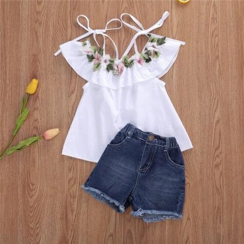 Summer Fashion Children Baby Girls White Floral Clothes Sets Sleeveless Strap Dress Tops+Denim Shorts Girl Outfits 1-6Y