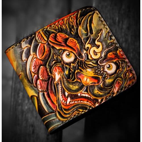 Hand-made Short Lion Wallets Purses Women Men Clutch Vegetable Tanned Leather Thin Wallet Card Holder Auspicious Omen