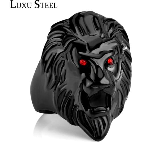 LUXUSTEEL Stainless Steel Red Eyes Lion Mens Black Color Rock Punk Rings For Men Jewelry Fashion Engagement Rings Wholesale