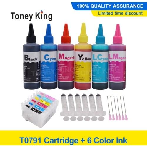 Toney King 6 Color T0791 Ink Cartridge + 6×100ml Printer Ink Kit For Epson Artisan 720WD 730WD 800FW 810FW 820FWD With Chips