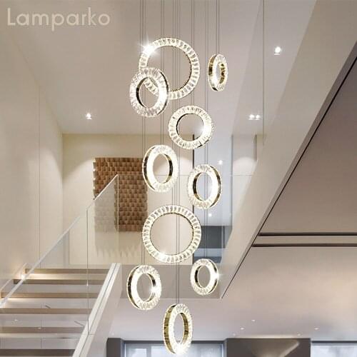 Nordic LED Chandelier Lighting Chrome Modern Clear Crystal Multiple Rings Pendant Light Indoor Decor Stairs Loft Light Fixture