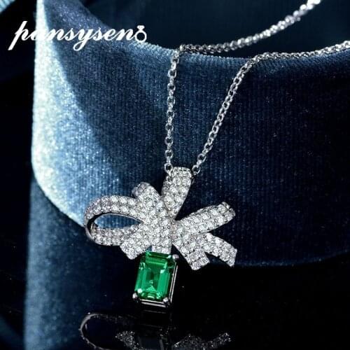 PANSYSEN 2021 New Bowknot Solid 925 Sterling Silver Emerald Created Moissanite Gemstone Chain Pendant Necklace Luxury Party Gift