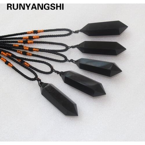 Natural Quartz obsidian Pendant Stone Hexagonal Pillar Necklace black crystal Pendant Leather Chains Necklace Wholesale