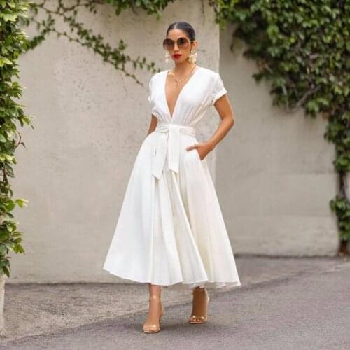 2021 New Arrival Famous Brand Dress Solid V-neck Short Sleeve Belt Elegant Midi Dress Vestidos