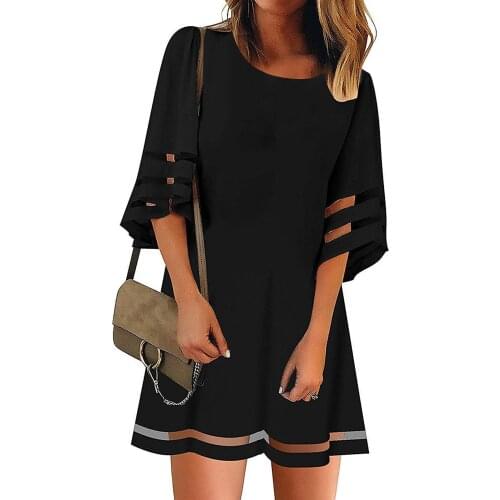 40#Summer Women Dress Black Casual V Neck Mesh Panel 3/4 Bell Sleeve Loose Top Shirt Dress Lady Elegant Solid Dresses Vestido