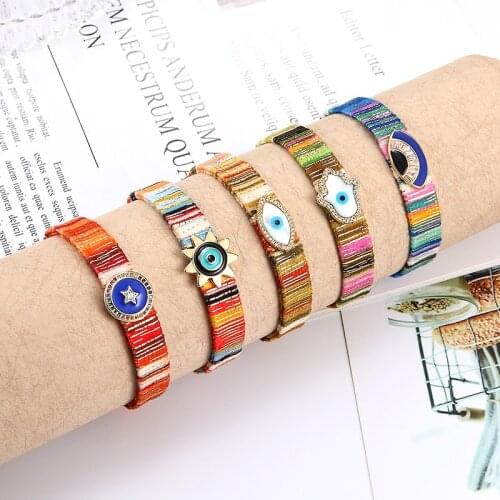 Various types of star heart animal evil eye charm Bohemian soft wide silk wristband Adjustable Bracelet for women and men
