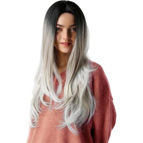 26 Inch Synthetic Long Curly Wavy Wigs Tri-color Gradient Center Parting