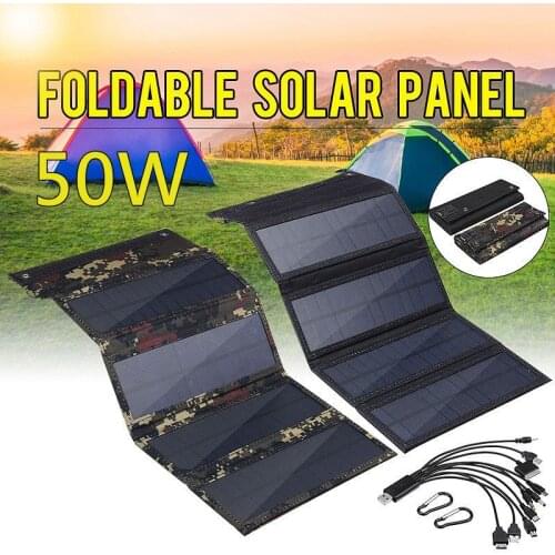 50W 5V Foldable Solar Panel USB 10 in1 USB Cable Waterproof Sun Power Solar Cells Bank Pack for Camping Hiking Phone Backpack