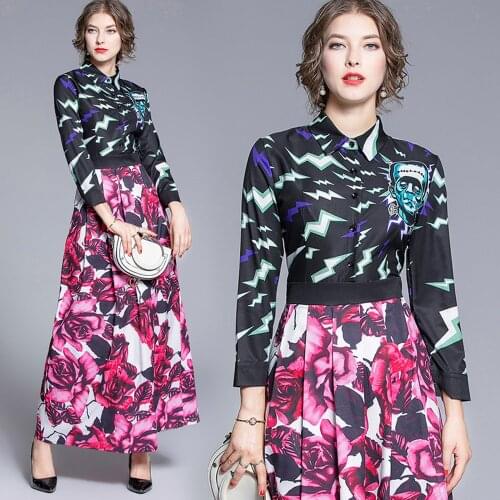 England Style Vintage Harajuku Shirt Dress Spring/Autumn Long Sleeve Elegant Office Tunic Slim Design Print Patchwork Maxi Dress