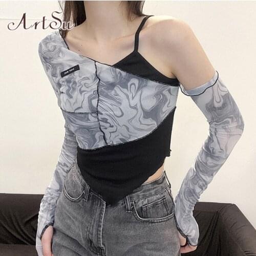 ArtSu Tshirt Long Sleeve Shirt Y2K Irregular Women Clothing Streetwear Patchwork Tie Dye Mesh Tees One Piece Sexy Tops T-shirt