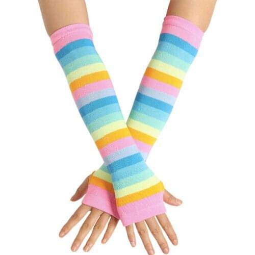 Womens Rainbow Stripes Over Knee Thigh High Socks Arm Warmer Fingerless Gloves Set Fancy Dress Cosplay Masquerade Party Costume