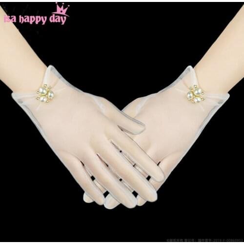 Women Sheer Tulle Pearl Gloves Transparent Full Finger Wrist Gloves Mittens Party Photography Accessory Sexy Short Gloves