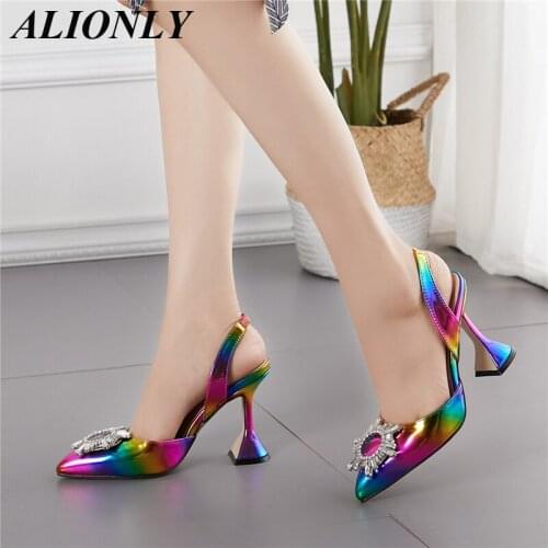 ALIONLY Rainbow Color Sandals for Women 2021 Summer Pointed Toe Rhinestone High Heels Weeding Shoes Spike Heel Slingback Pumps