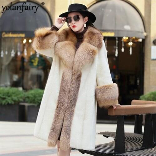Natural Mink Fur Coat Women Winter Jacket Long Real Fur Coat Luxury Female Jacket Big Fox Fur Collar Clothes 2020 AL1805 KJ3773
