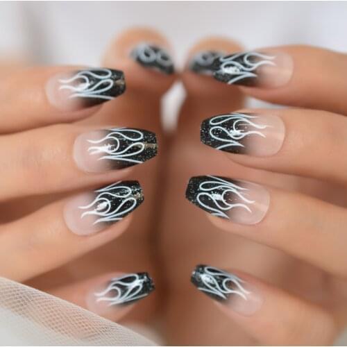24pcs False Fingernails Medium Length Coffin Artificial Nail Tips Ombre Shadow Fake Nails With Design Fire Flame Faux Ongles