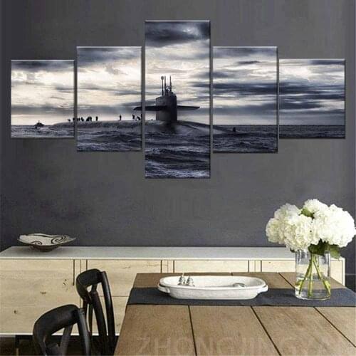 5 Panel Ship Art Work Walls Black and White Pictures Military Submarine Boat Wall Art Multi Panel Canvas Painting for House Deco