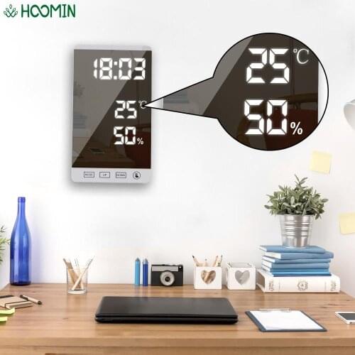 6 Inch Time Temperature Humidity Display LED Mirror Alarm Clock Touch Button Wall Digital Clock USB Output Port Table Clock