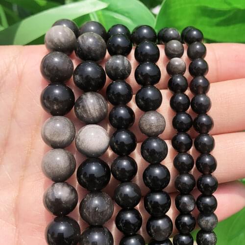 Natural Stone Beads Silver Color Obsidian Round Loose Beads For Jewelry Making DIY Bracelet Charms Accessories 15" 6/8/10/12mm