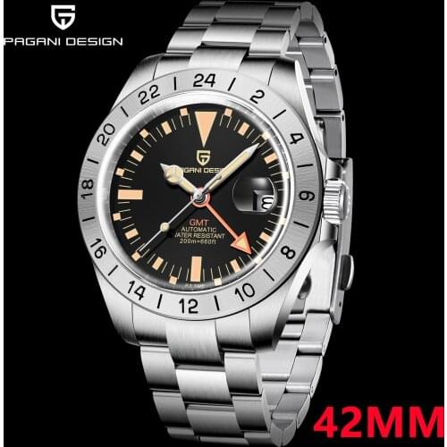 PAGANI DESIGN 2021 New Top Brand Mens Luxury Retro 200m Waterproof Watch GMT Stainless Steel Sapphire Salute Clock Reloj Hombre
