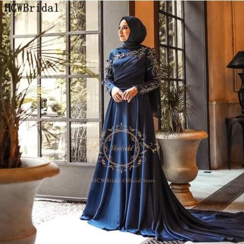 Dubai Navy Blue Muslim Evening Dress Long Sleeve Crystal Satin Arabic Women Wedding Party Dresses Long Train Formal Gowns