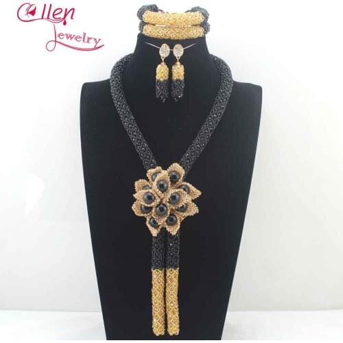 Exclusive Long Black Gold African Wedding Beads Jewelry Set 2017 Indian Bridal Flower Statement Necklace Set Free Shipping N0102