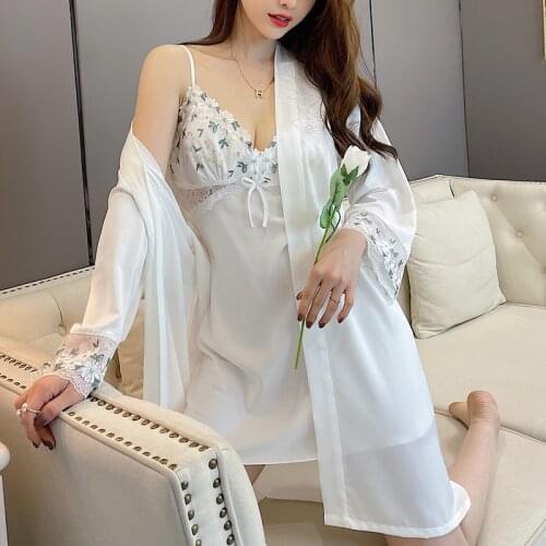 Summer Women Kimono Bathrobe Gown Satin Bride Bridesmaid Wedding Robe Set Sexy Lace V-Neck Sleepwear Loose Spring Home Dress