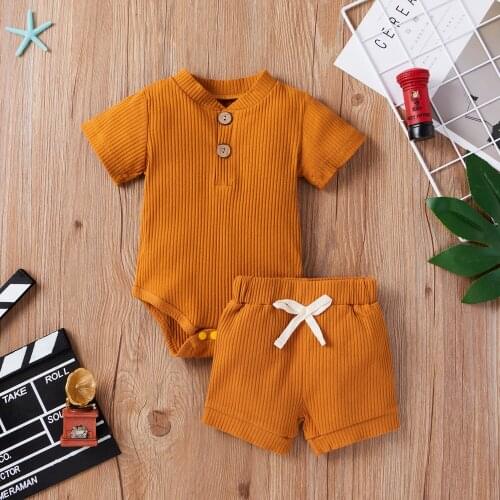 New Baby Boy Girl Casual Clothing Summer New Knitted Solid Short Sleeve Button Romper+Loose Shorts 2pcs Outfits