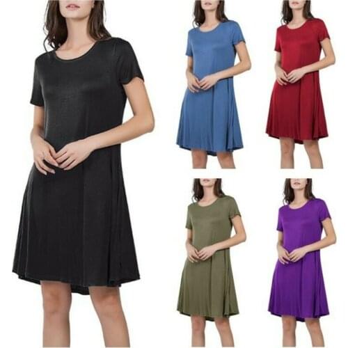 Summer Women Solid Crewneck Short Sleeve Casual Midi Dresses Loose A-Line Pocket