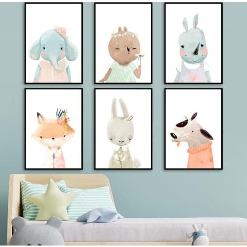 Cartoon Animal Wall Art Canvas Painting Elephant Rabbit Rhinoceros Nordic Posters And Prints Wall Pictures Baby Kids Room Decor