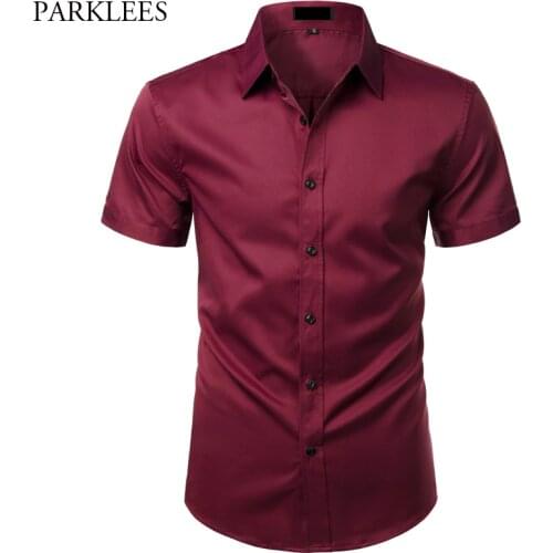 Wine Red Elastic Bamboo Fiber Shirt Men Summer Short Sleeve Mens Dress Shirts Non Iron Easy Care Business Work Chemise Homme XXL
