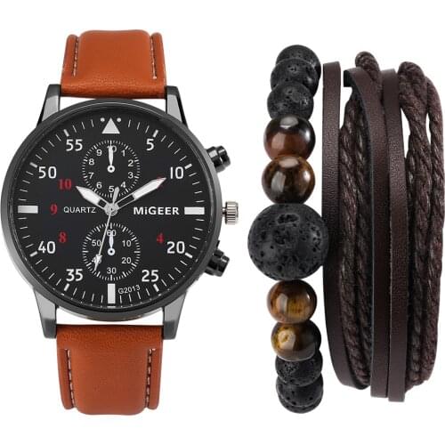 Men Brown Quartz Watch Bracelets Gifts Set Numerals Watch Face Wristwatch Mens Bracelet Chain Anniversary Gift Box for Husband