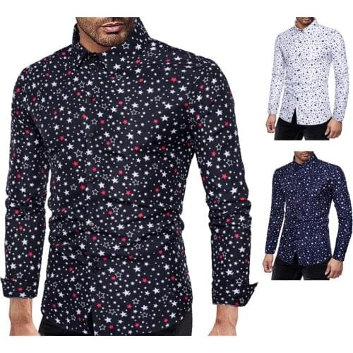 Mens Long Sleeve Casual Shirts 3 Colors Fashion Star Print Shirt Slim Fit Shirt Mens Social Clothing
