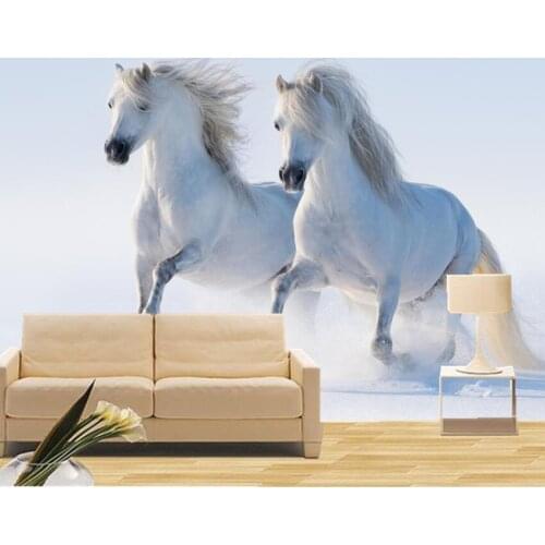 Custom 3d mural,Two white horses running in the snow papel de parede,hotel restaurant living room sofa TV wall bedroom wallpaper