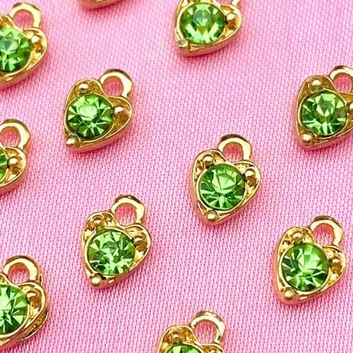 10Pcs/set Shiny Green Round Crystal Charms Heart Metal Pendants Jewelry Accessories DIY Necklaces Earrings Making Findings