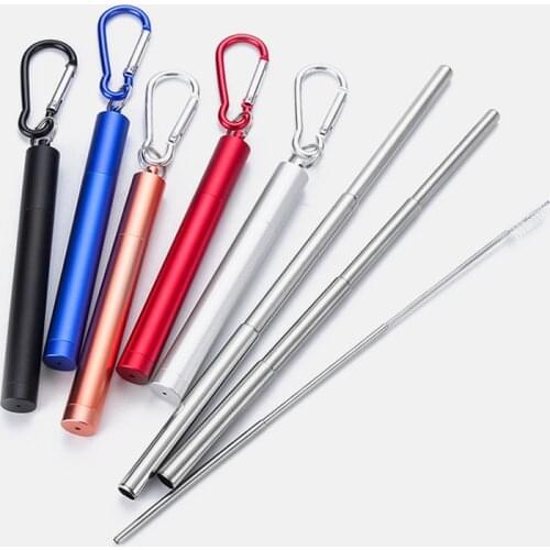 Portable straw travel reusable foldable metal stainless steel telescopic straw with brush straw
