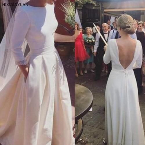Simple Wedding Dresses Romantic A-line Long Sleeves Open Back Satin Special Occasion Section Lvory White Wedding Gowns