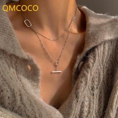 QMCOCO New Style 925 Silver Double Geometric Necklace Ladies Light Luxury For Party Jewelry Gift Simple Trend Collarbone Chain