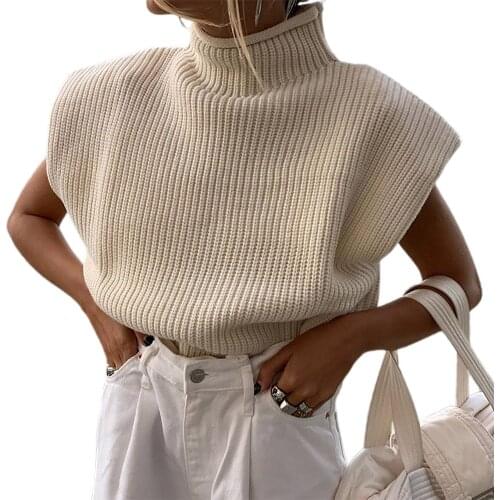 Turtleneck Sleeveless Women Vest Sweater Shoulder Pads Pullover Knitted Loose Autumn Winter Casual Jumper Knitted Vest Tops