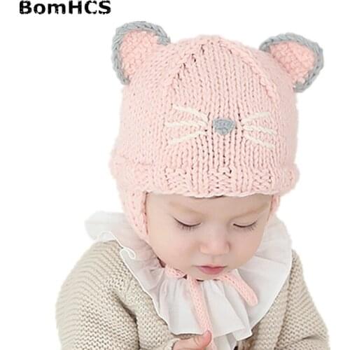 BomHCS Cute Babys Cat Beanie 100% Handmade Knitted Kids Ears Hat for Kids Ages 3-8