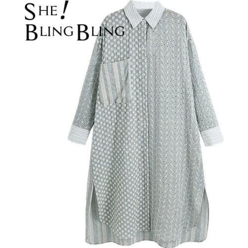 SheBlingBling Striped Patchwork Embroidery Hollow Out Women Casual Blouses Summer Mid Length Long Shirt Female High Low Tops