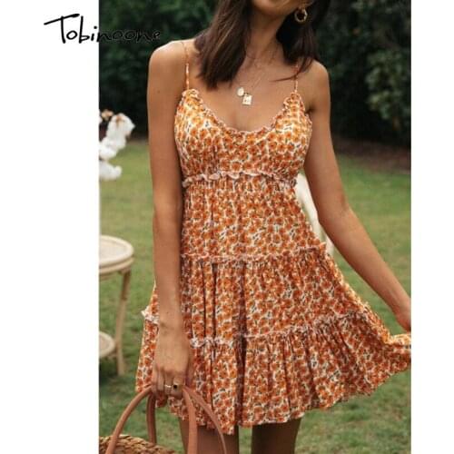 Tobinoone Cascading Ruffles V Neck 2021 Summer Dress Women Flower Strap Backless Sexy Dresses Sleeveless Holiday Beach Sundress