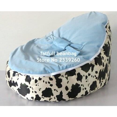 COVER ONLY, NO FILLINGS - cow design baby bean bag chair with blue top layer, kids sleeping beanbag pods