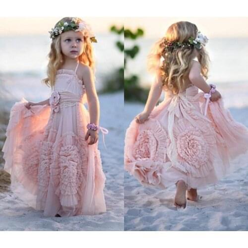 Bohemian Pink Flower Girls Dresses For Weddings Kids Birthday Dress Ruffled Party Gown Custom Made
