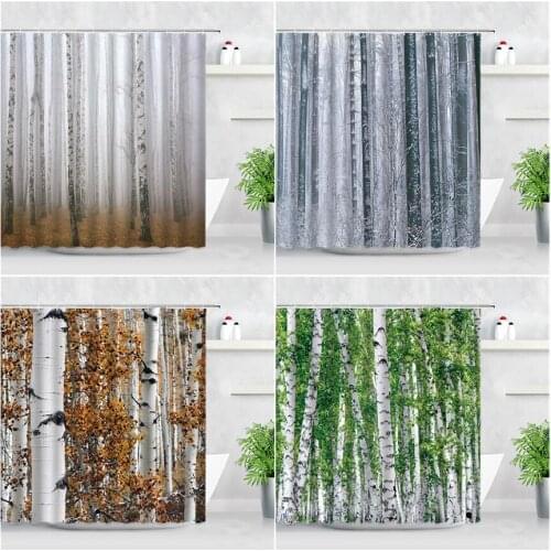 Misty Forest Waterproof Fabric Shower Curtains White Birch Trees Yellow Leaves Green Plants Scenery Bathroom Decor Bath Curtain