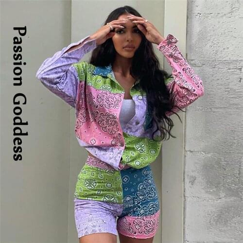 Fashion Leisure Women 2 Piece Cashew Flower Sets Single-breasted Lapel Loose Blouse Five Length Leggings Shorts Two Piece Outfit