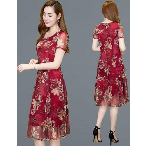 Plus Size Summer Elegant Chiffon Floral Print Short Sleeve O-neck Fashion Women Party Dresses Ropa Mujer Sukienki Robe Femme