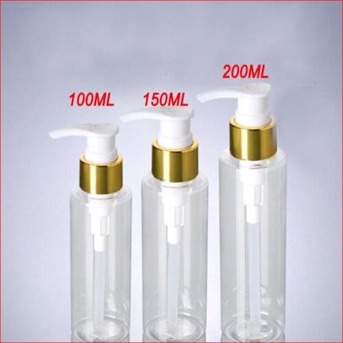 100/120/150/200/250G PET plastic bottle Clean w gold shoulder emulsion pressure pump empty makeup cosmetic container Packaging