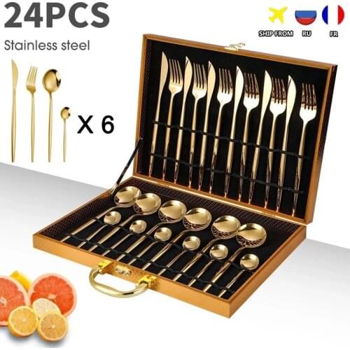 24PCS Cutlery Set Stainless Knife Fork Spoon Flatware Tableware Set Stainless Steel Gold Color Dinnerware Dishwasher Kitchenware
